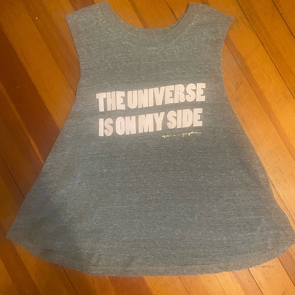 Spiritual gangster heather grey cut off tee with baby pink writing, size medium